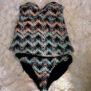 Converse One Star aqua peach black white tankini built-in bra Lined Medium EUC…